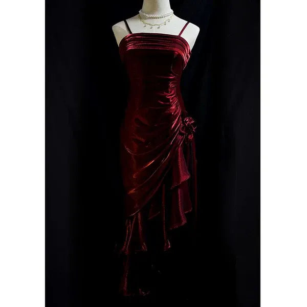 Retro Mermaid Spaghetti Straps Sleeveless Satin Floor-Length Ruffle Prom Dress