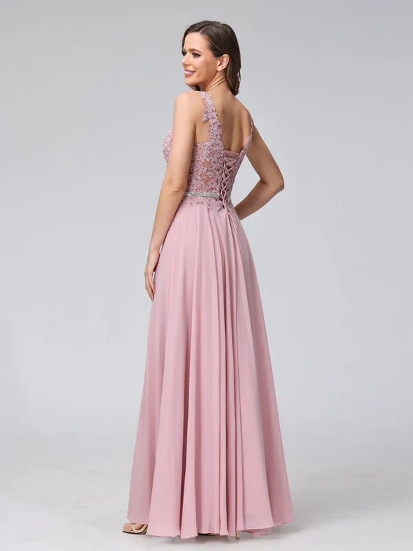 Romantic A-Line Deep-V-Neck Sleeveless Lace-Up-Back Blush Chiffon Floor-Length Prom Dresses