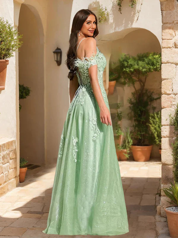 Romantic A-Line Off-Shoulder Feather-Sleeve-Lace-Up-Back Mint Glitter Tulle Floor-Length Prom Dresses