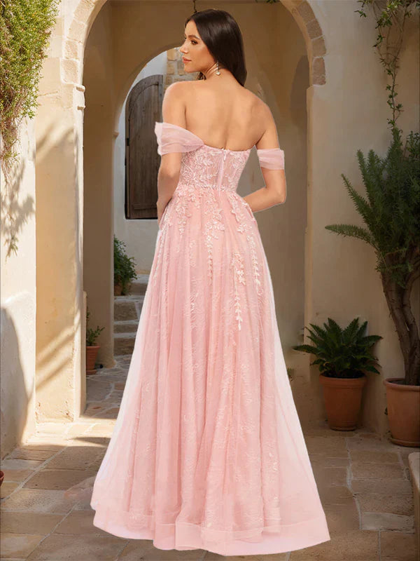 Romantic A-Line Off-Shoulder Sheer-Sleeve-Zip-Back Blush Ombre Tulle Lace Floor-Length Prom Dresses