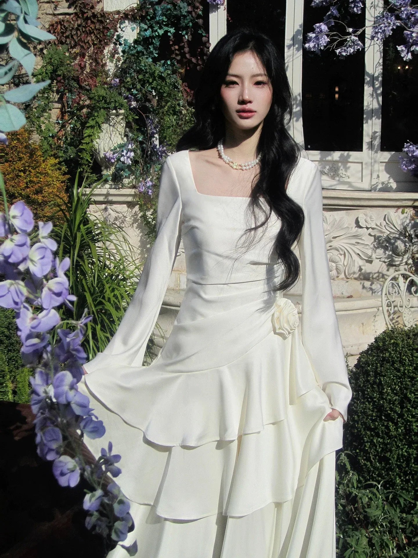 Romantic A-Line Square Neck Long Sleeve Zipper Back Floor-Length Bridal Wedding Dress