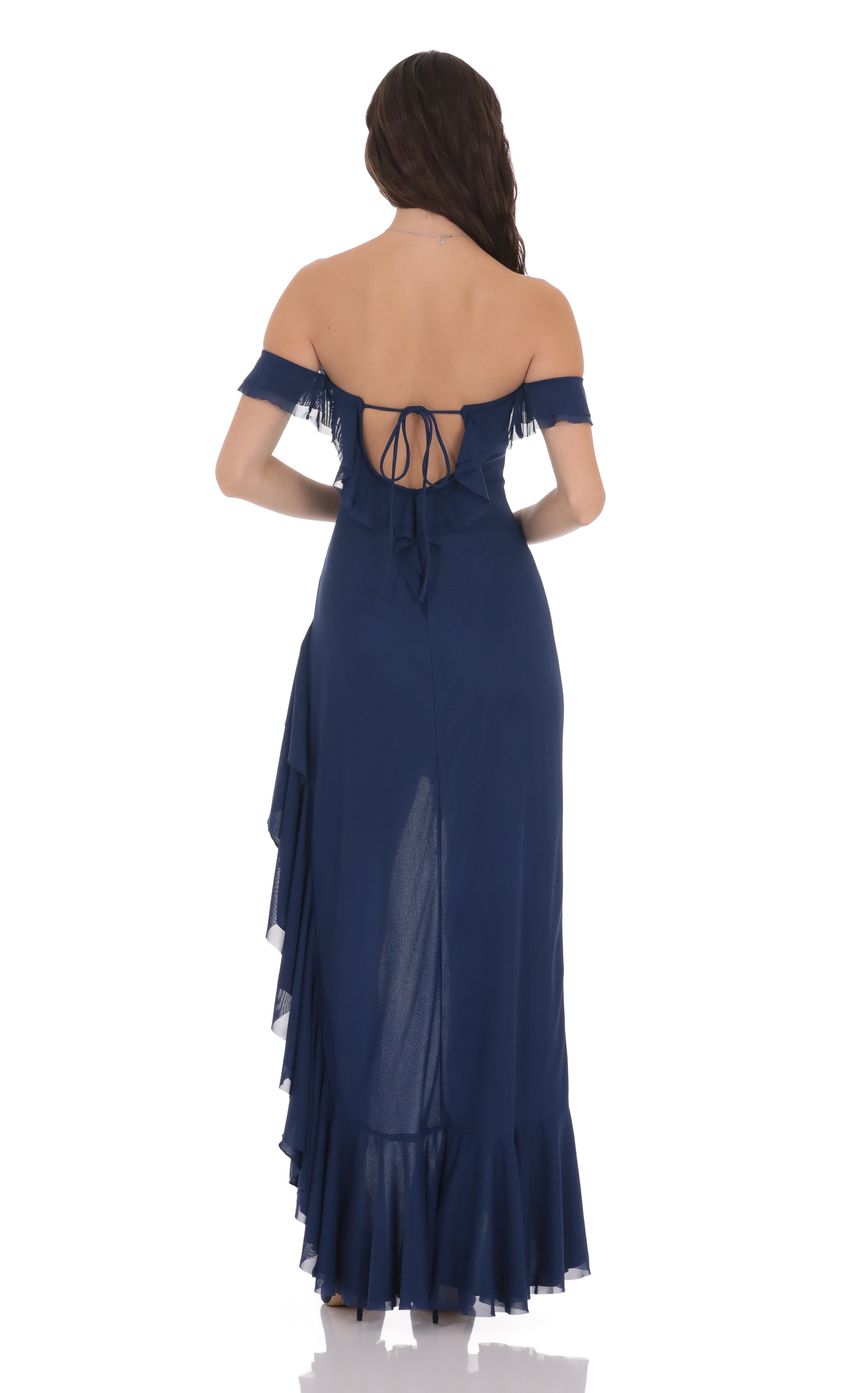 Romantic High-Low A-Line Off-Shoulder Tie-Back Navy Chiffon Floor-Length Prom Dresses
