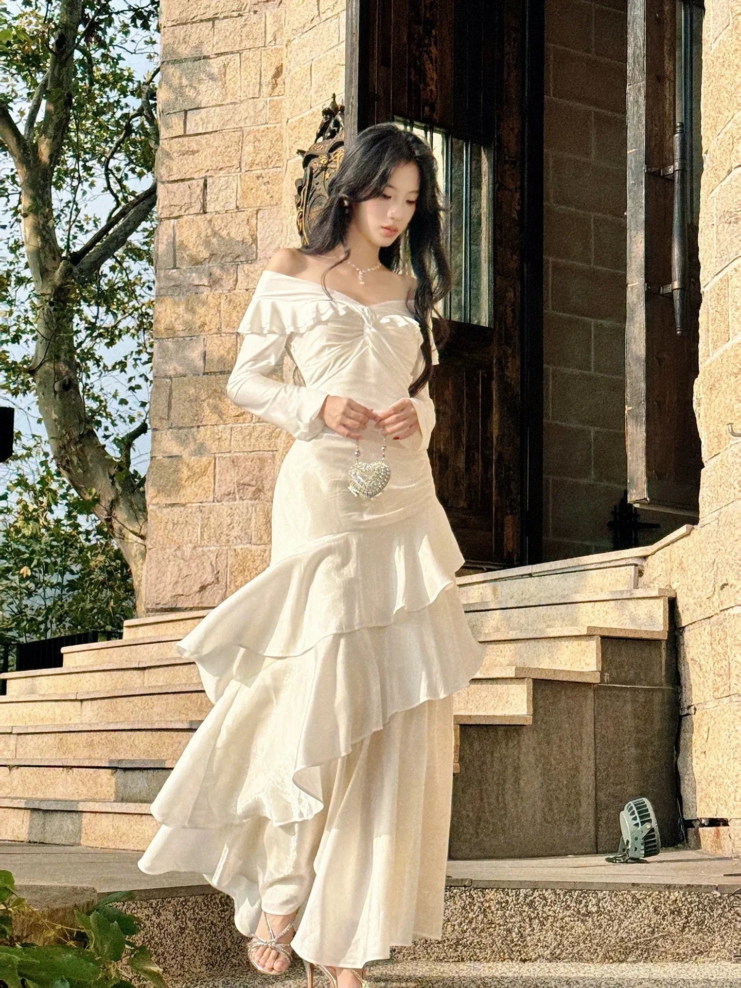 Romantic Mermaid Off Shoulder Long Sleeve Zipper Back Floor Length Wedding Guest Dress