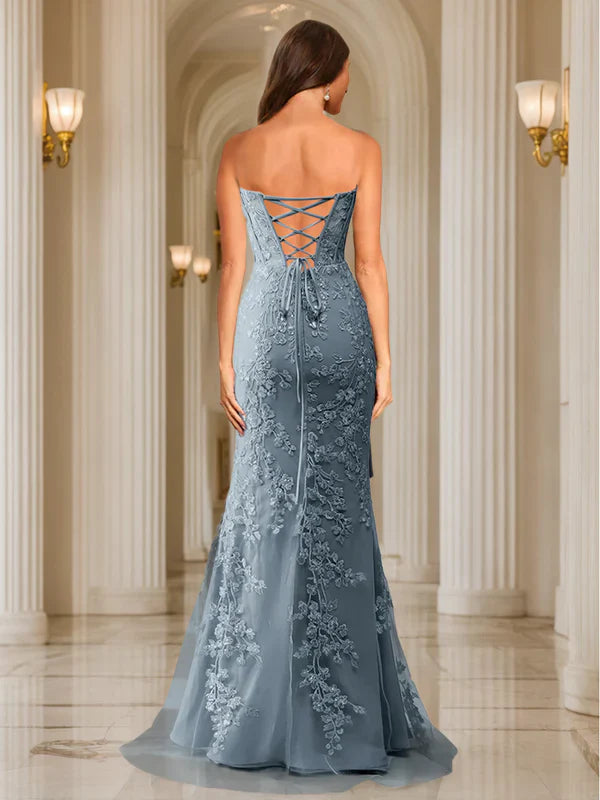Romantic Mermaid Strapless Lace-Up-Back Floral-Lace Dusty Blue Tulle Floor-Length Prom Dresses