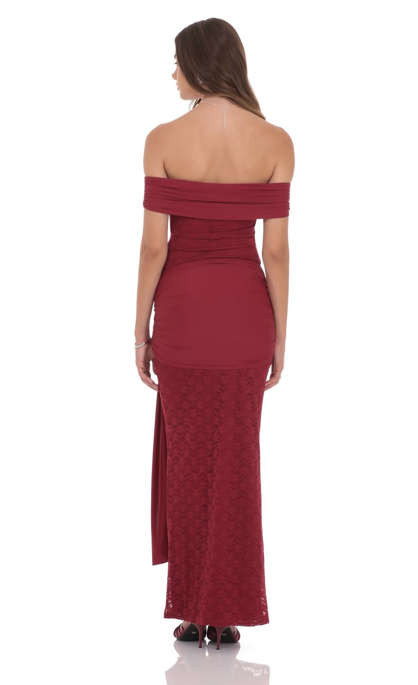 Romantic Sheath Off-The-Shoulder Lace-Overlay Burgundy Ruched-Fabric Floor-Length Prom Dresses