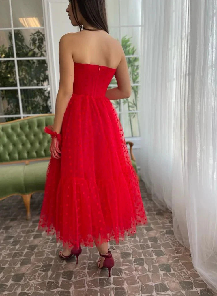 Romantic Strapless Sweetheart Neck Back Zip Polka Dot Tulle Midi Mother Of The Bride Dresses