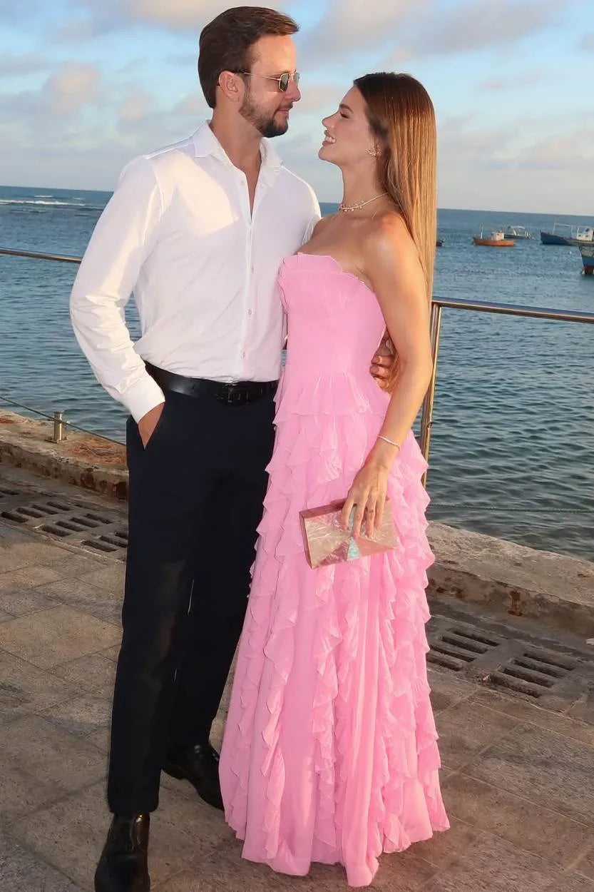 Romantic Strapless Sweetheart Tiered Ruffle Chiffon Formal Dress