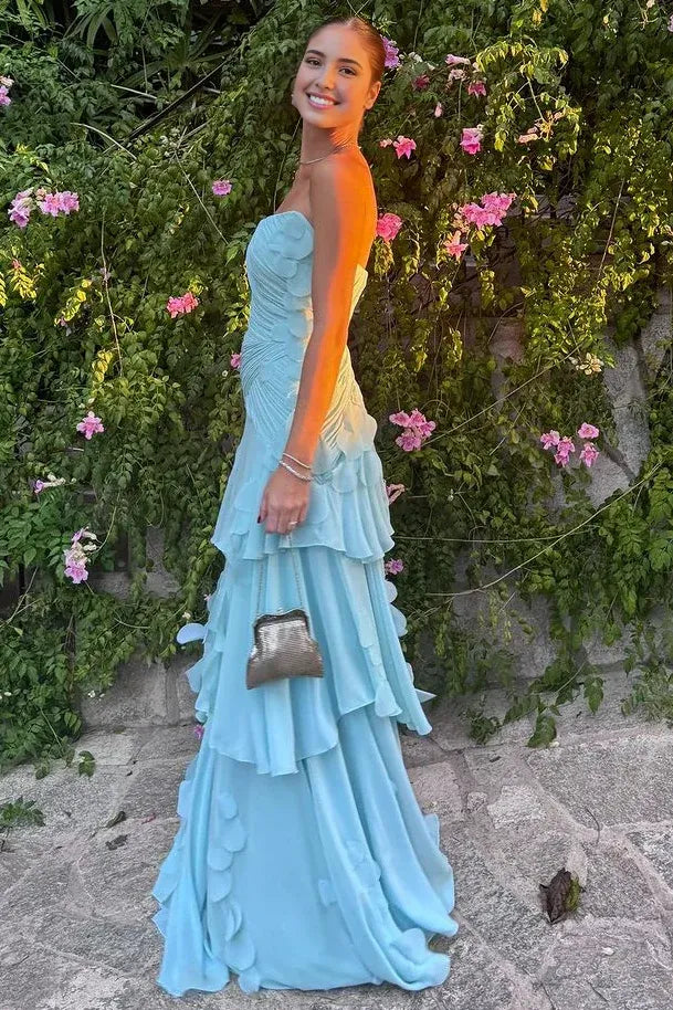 Romantic Strapless Tiered Ruffle Chiffon Formal Dress