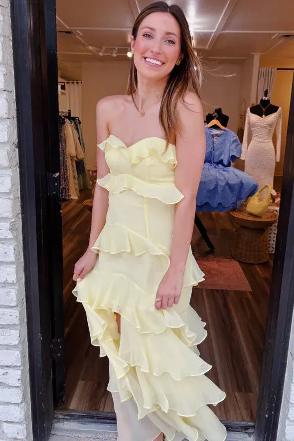 Romantic Strapless Tiered Ruffle Chiffon Maxi Dress With Cutout Back