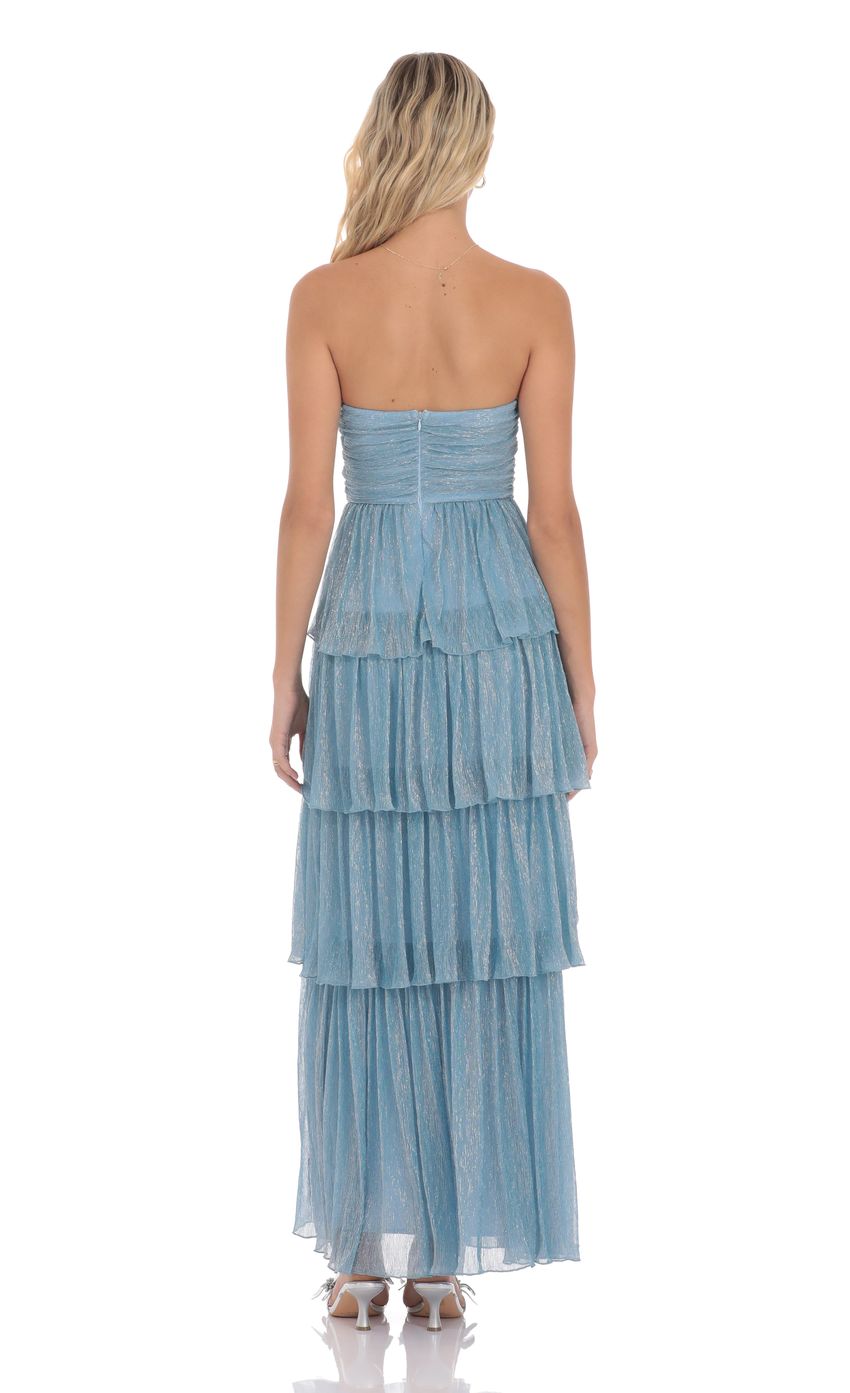 Romantic Tiered A-Line Strapless Open-Back Shimmering Sky Blue Tulle Floor-Length Prom Dresses