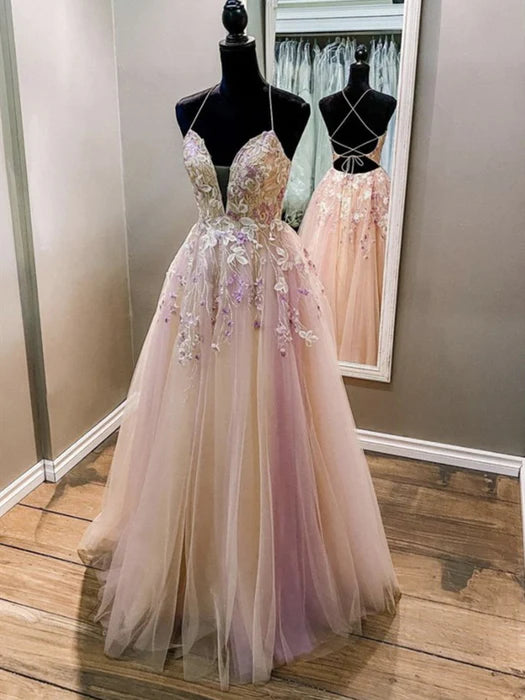Romantic A-Line Deep V Spaghetti Strap Lace Ombre Pink Prom Dress