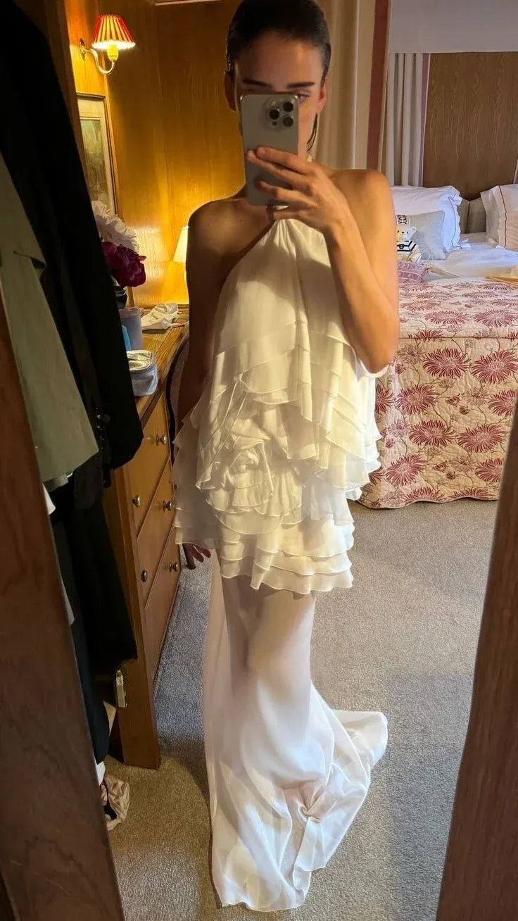 Romantic A-Line Halter Neck Sleeveless Ruffled White Maxi Prom Dress for Women Ready to Ship