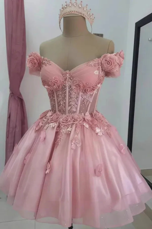 Elegant A-Line Off-Shoulder Floral Applique Corset Pink Short Homecoming Dress for Teens