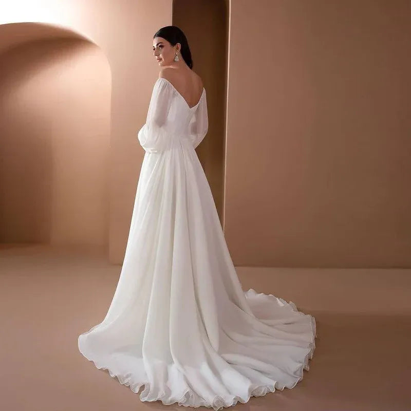 Romantic A-Line Off-Shoulder Long-Sleeve Chiffon White Prom Dress With Train