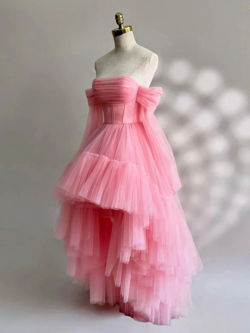 Romantic A-Line Off-Shoulder Long-Sleeves Lace-Up High-Low Prom Dress