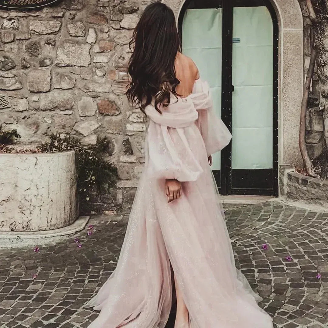 Romantic A-Line Off-Shoulder Puff-Sleeve Slit Glitter Blush Pink Floor-Length Prom Dress