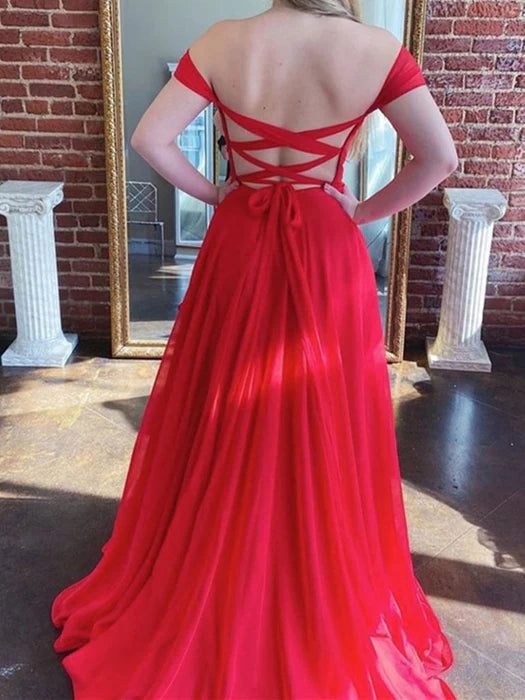 Romantic A-Line Off-Shoulder Short Sleeve Tulle Red Floor-Length Prom Dress