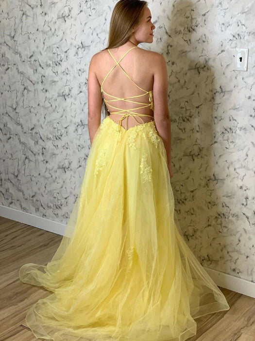 Romantic A-Line Square Neck Spaghetti Strap Lace Yellow Prom Dress