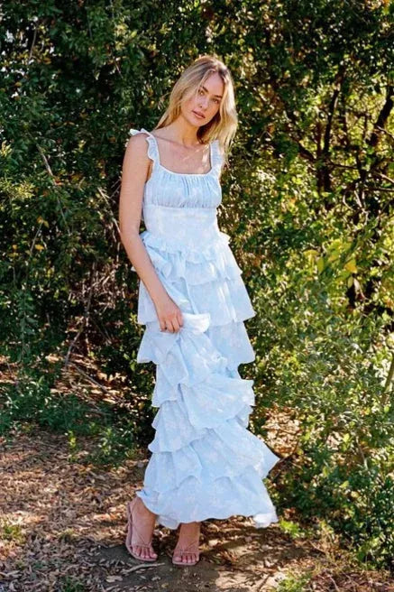Romantic A-Line Square Neck Tiered Ruffle Floral Light Blue Floor-Length Prom Dress
