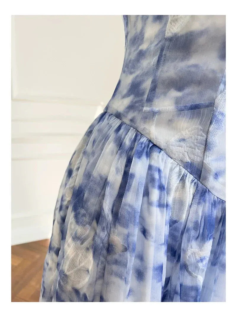 Romantic A-Line Sweetheart Neck Sleeveless Floral Blue Midi Prom Dress for Women Ready to Ship