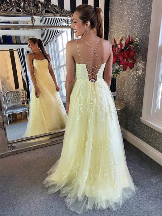 Romantic A-Line Sweetheart Spaghetti Strap Lace Yellow Prom Dress