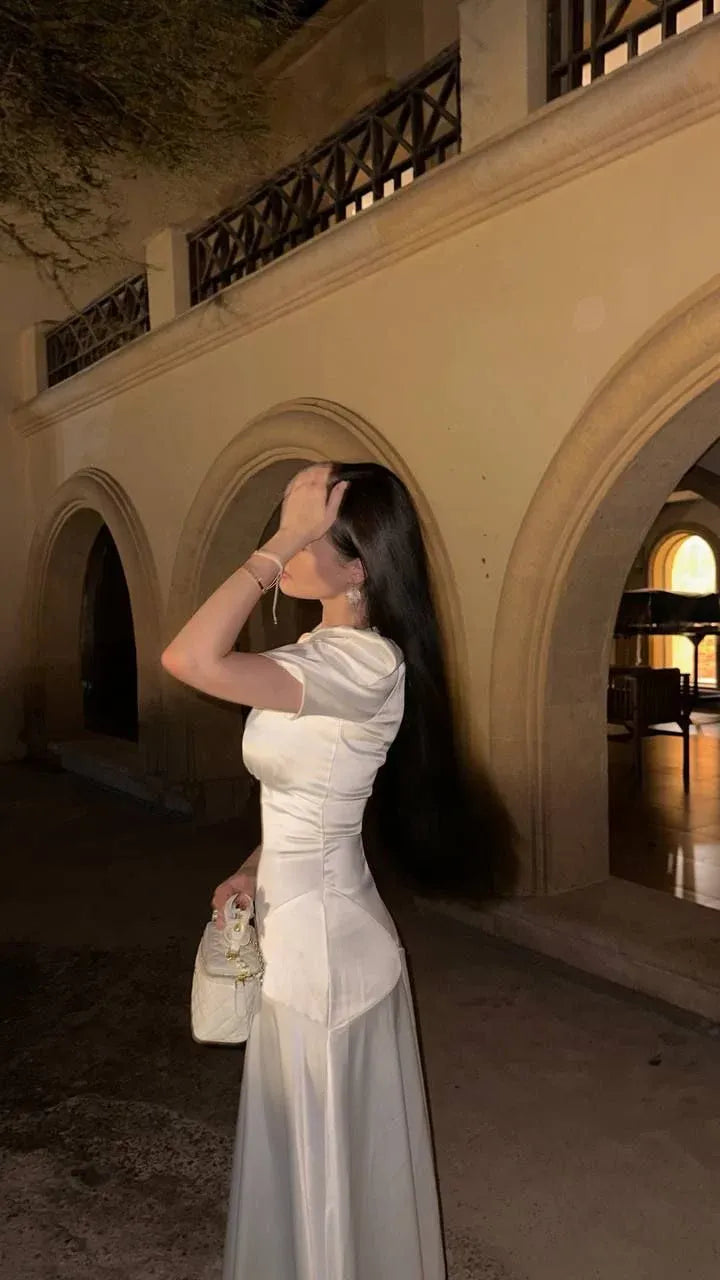 Romantic A-Line V-Neck Short Puff-Sleeve Satin White Maxi Evening Dress for Women
