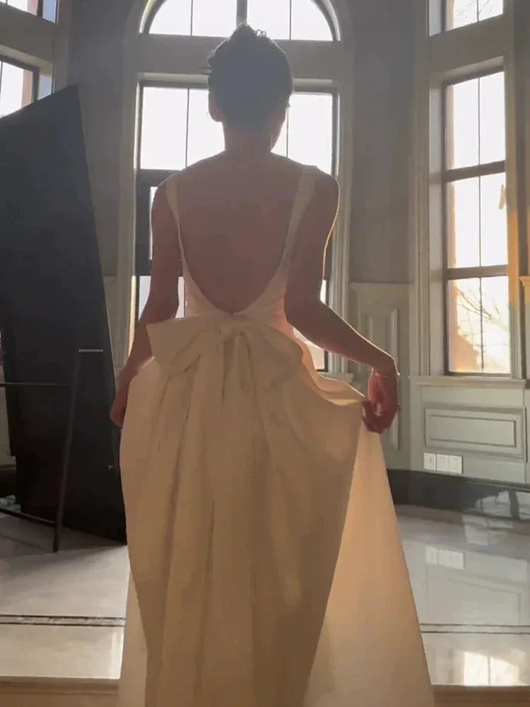 Romantic A-line Square Neck Sleeveless Bow-back White Midi Prom Dress for Women Ready to Ship