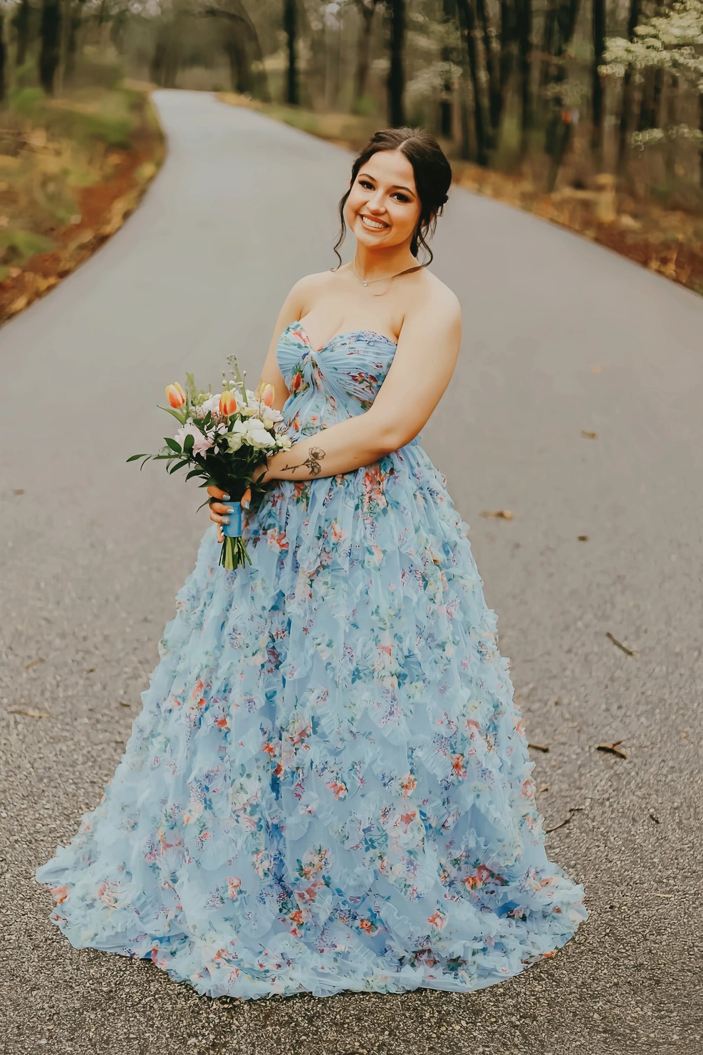 Romantic A-line Strapless Sleeveless Floral Tulle Ruched Floor-Length Prom Dress