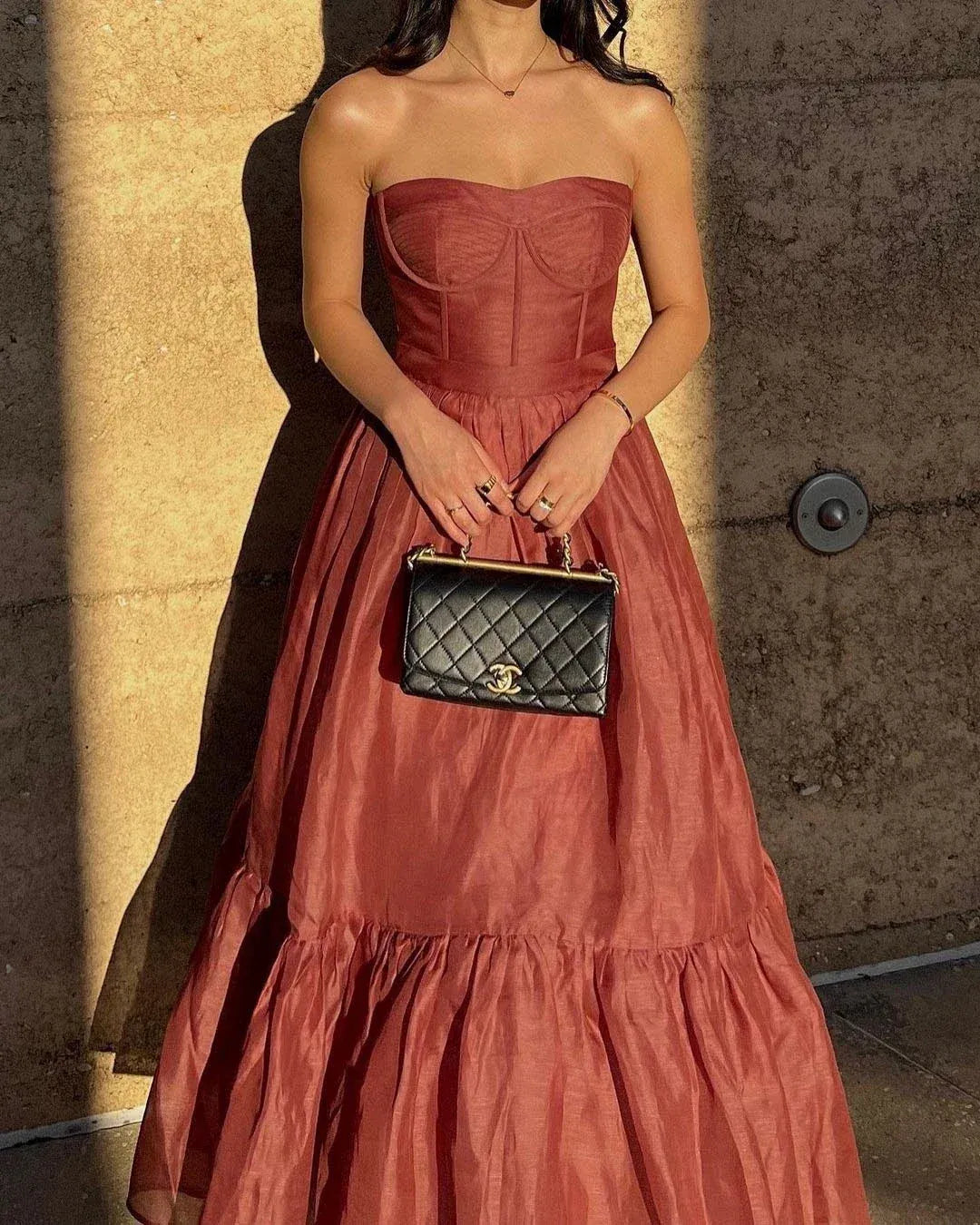 Romantic Ballgown Strapless Tiered Satin Terracotta Maxi Evening Dress for Women