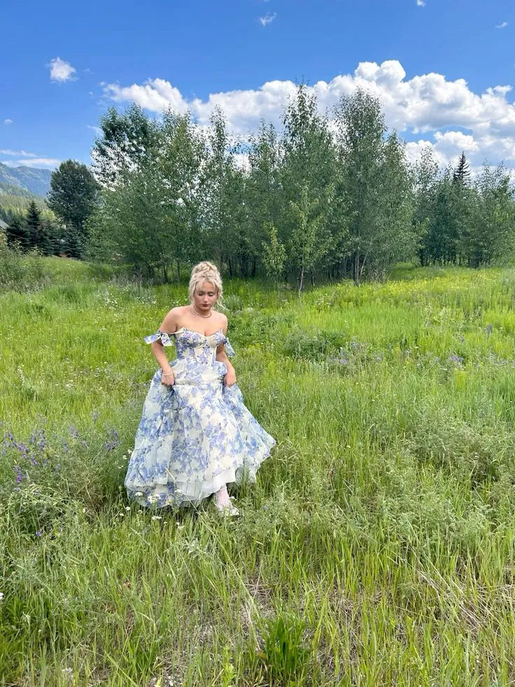 Romantic Chiffon Maxi Evening Dress Blue-White Floral Off-Shoulder for Women