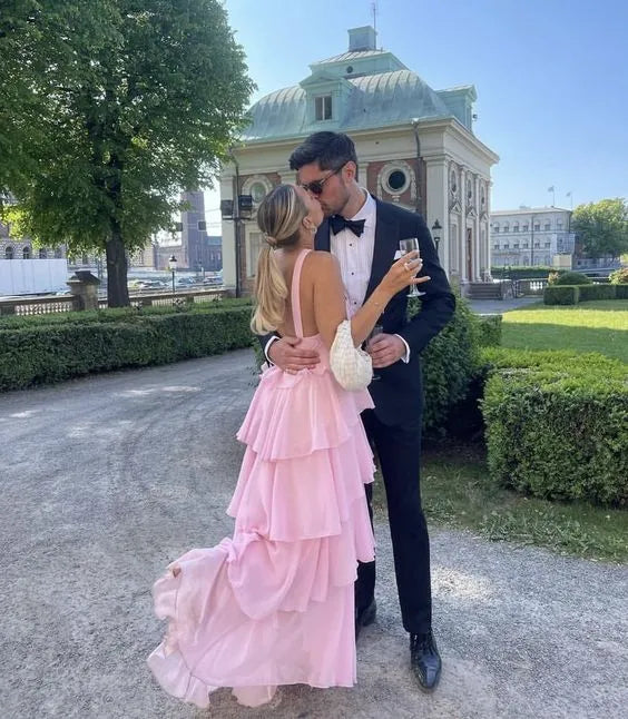 Romantic Chiffon Maxi Evening Dress Pink Halter Neck Sleeveless for Women