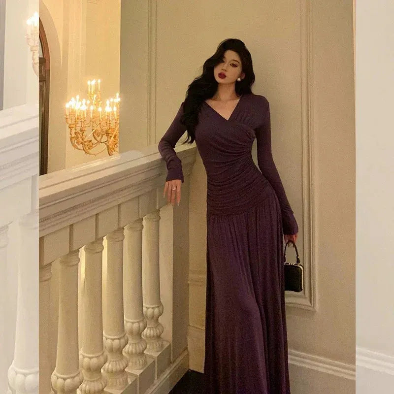 Romantic Draped A-Line V-Neck Long-Sleeve Plum Purple Maxi Prom Dress for Women ready to ship
