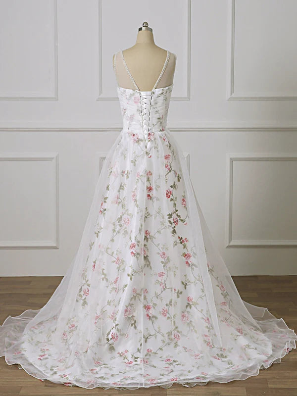 Romantic Floral A-Line Sweetheart Tulle White Floor-Length Party Dress