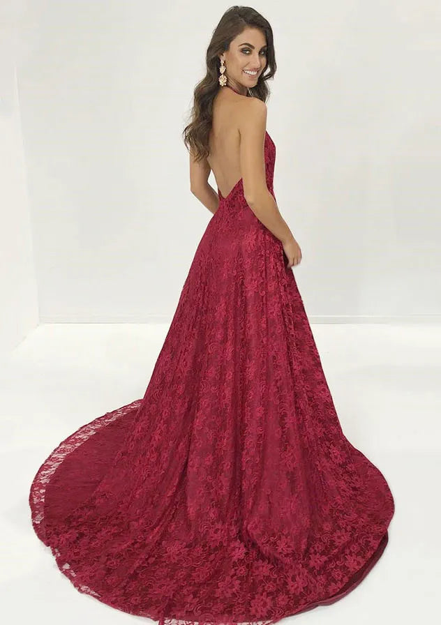 Romantic Lace Long Evening Dress Burgundy Plunging Sleeveless Party Gown for Women
