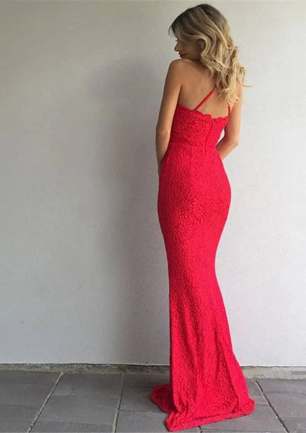 Romantic Lace Long Evening Dress Red Halter-Neck Sleeveless Party Gown for Women