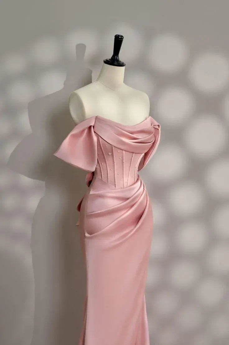 Romantic Mermaid Off-Shoulder Bow-Accent Satin Blush Floor-Length Evening Dress for Women