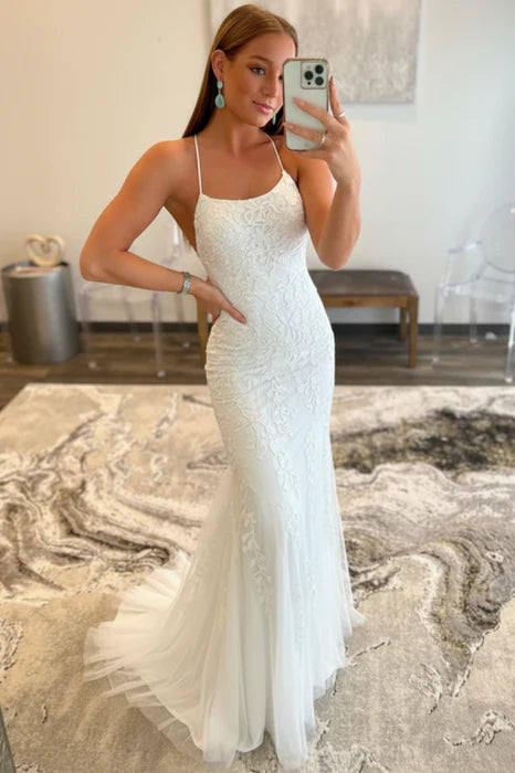 Romantic Mermaid Spaghetti Straps Lace Floor-Length Evening Dress