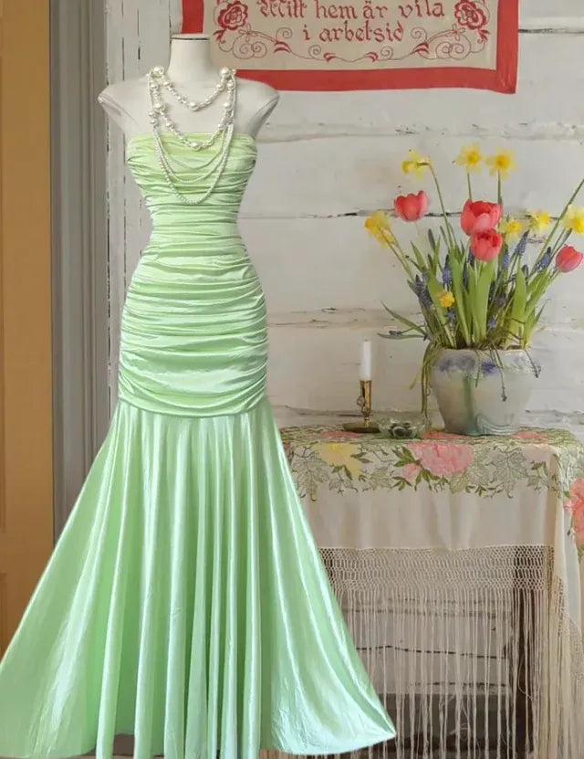 Romantic Mermaid Sweetheart Sleeveless Ruched Lime Maxi Prom Dress for Women Hot Sale