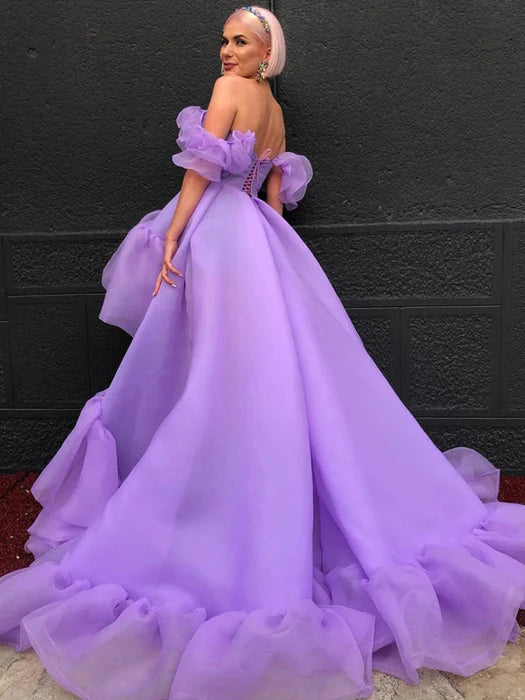 Romantic Off-Shoulder Puff Sleeve Lavender High-Low Party Dress