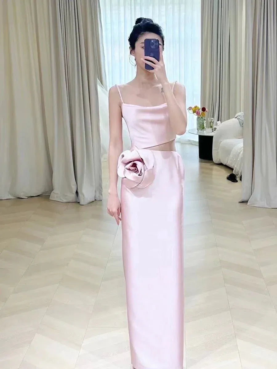 Romantic Sheath Square Neck Sleeveless Rosette Blush Pink Maxi Prom Dress for Women Custom