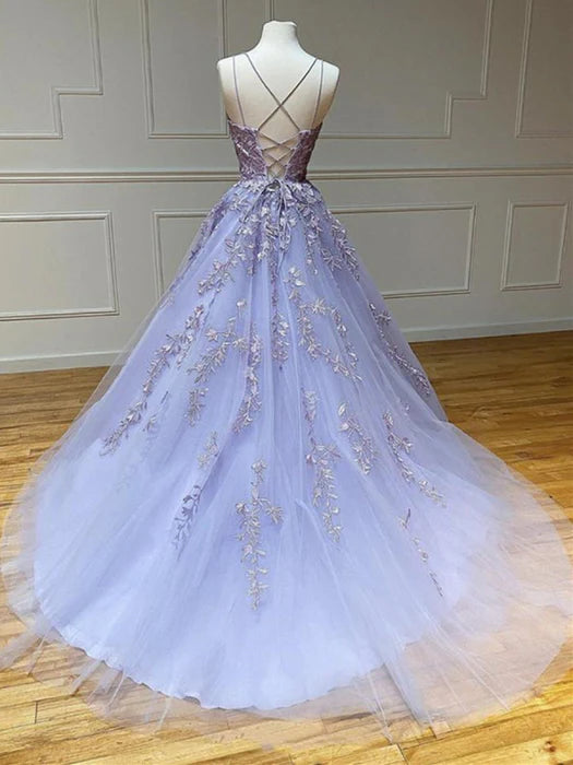 Romantic Square Neck Spaghetti Strap Lace Lavender Prom Dress