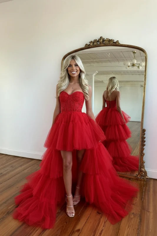 Romantic Strapless Sleeveless Tulle High-Low Party Dress