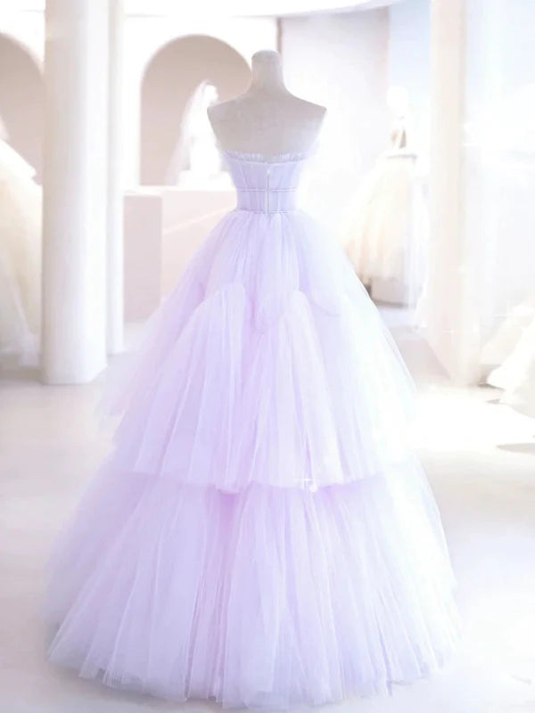 Romantic Strapless Tulle Lavender Floor-Length Wedding Dress