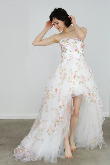 Romantic Sweetheart Sleeveless Floral White High-Low Prom Dress