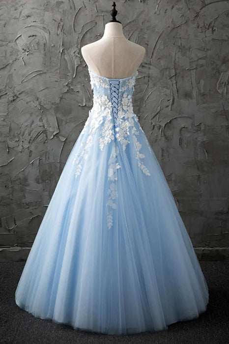 Romantic Sweetheart Strapless Lace Sky Blue Floor-Length Prom Dress