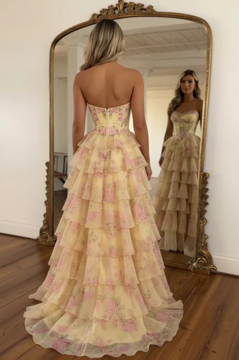 Romantic Tiered Strapless Floral Yellow Floor-Length Party Dress
