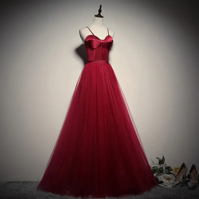 Romantic Tulle-Satin Long Evening Dress Burgundy Spaghetti-Strap Party Gown for Women