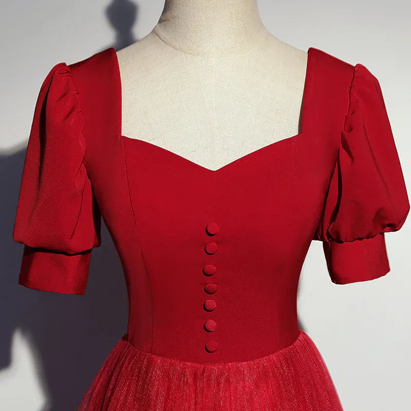 Romantic Tulle Long Evening Dress Red Square Neck Puff Sleeve for Women