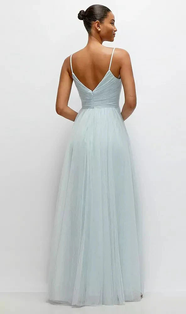 Ruched Wrap Bodice Tulle Maxi Dress with Full Skirt in Mist