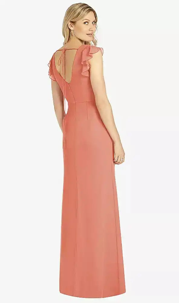 Ruffled Sleeve Mermaid Dress with Front Slit in Terracotta Copper